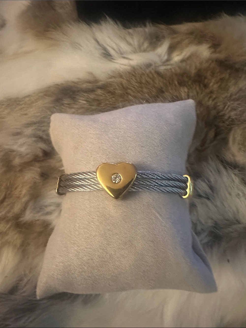 LSJ Two-Tone Heart Cable Cuff Bracelet with CZ Accent